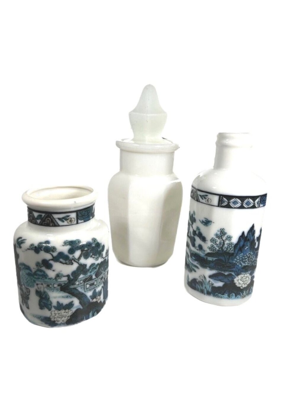Vtg Chinese Blue White Porcelain Jars Bottles Lot of 3 Landscape Pagoda Men Mtn